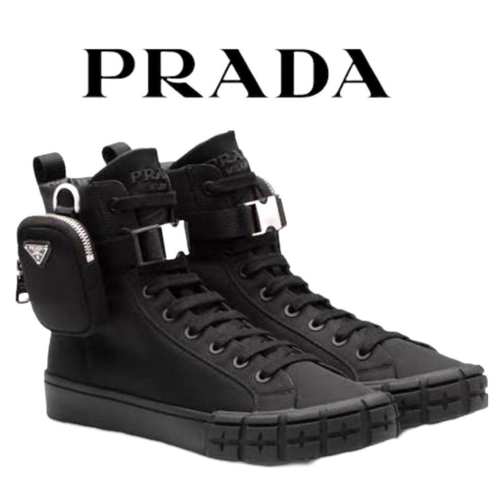PRADA Wheel Re-Nylon Zip Pouch Black High-Top Sneakers with Mini Side Pouch - Picture 4 of 9